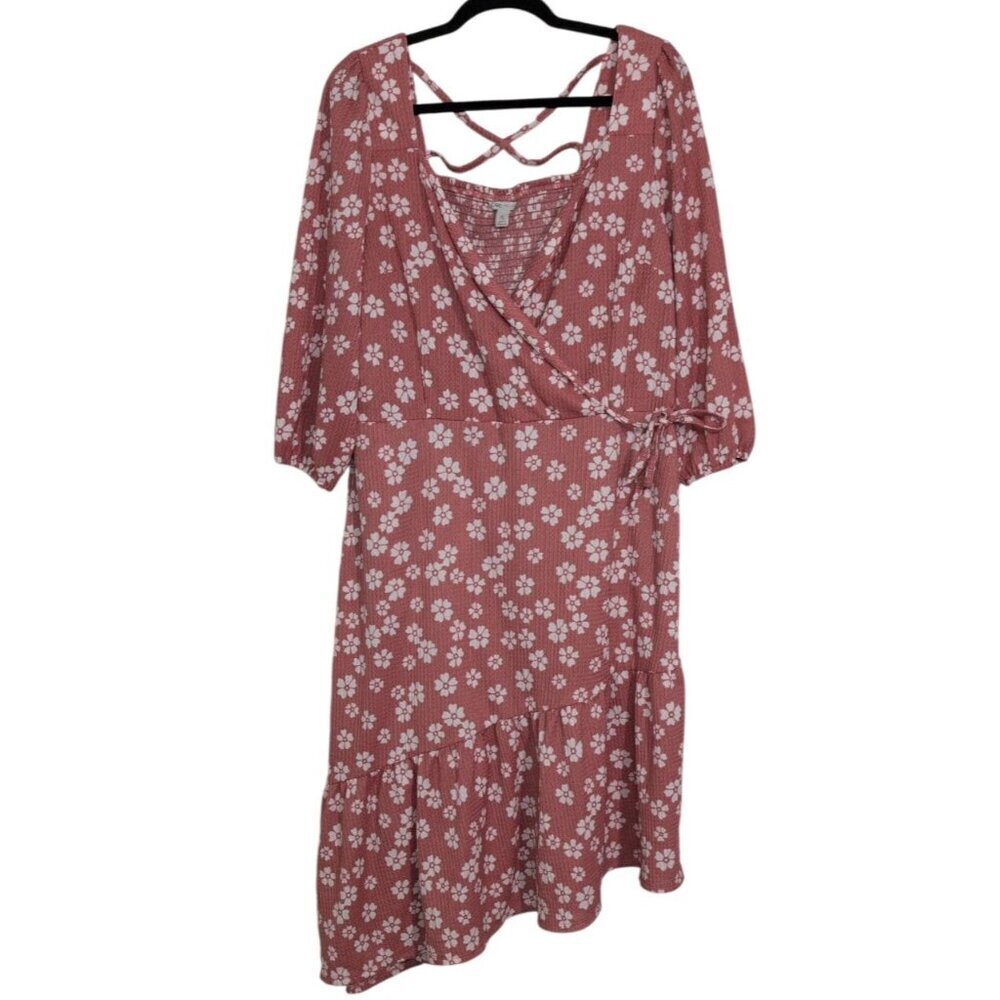 Cato Floral Faux Wrap Dress Womens Size XL Pink Stretch Asymmetrical Hem Lattice